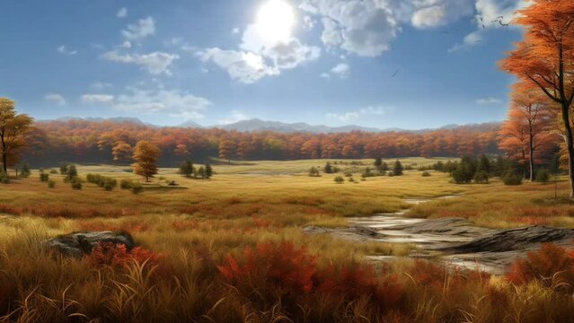 Autumn nature background and meadow with blue sky. orange grass under moving blue sky, fall mood. video animation background. fall animation. Generated with AI
