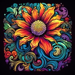 Fototapeta na wymiar A retro psychedelic Daisy, surrounded by swirling psychedelic waves