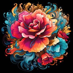 A retro psychedelic Peony surrounded by vibrant, swirling psychedelic smoke