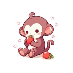chimpanzee eat strawberry chibi cartoon style isolated plain background