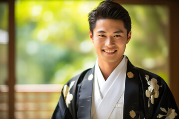 japanese man wearing a hakama and smiling bokeh style background - obrazy, fototapety, plakaty