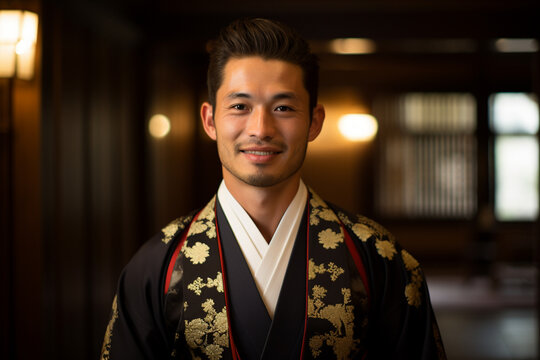 japanese man wearing a hakama and smiling bokeh style background
