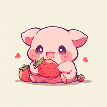 pink pig eat strawberry chibi cartoon style isolated plain background