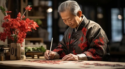 A calligraphy artist creating auspicious New Year phrases
