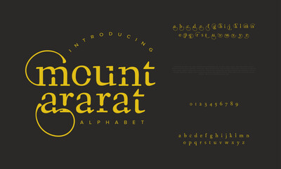 Mountararat premium luxury elegant alphabet letters and numbers. Elegant wedding typography classic serif font decorative vintage retro. Creative vector illustration