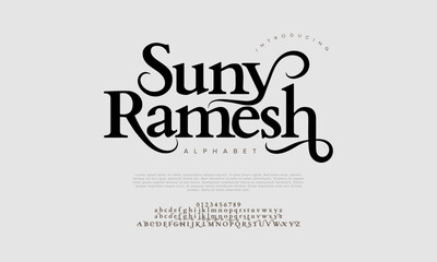 Sunyramesh premium luxury elegant alphabet letters and numbers. Elegant wedding typography classic serif font decorative vintage retro. Creative vector illustration