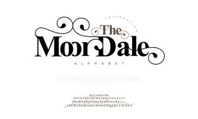 Themoordale premium luxury elegant alphabet letters and numbers. Elegant wedding typography classic serif font decorative vintage retro. Creative vector illustration