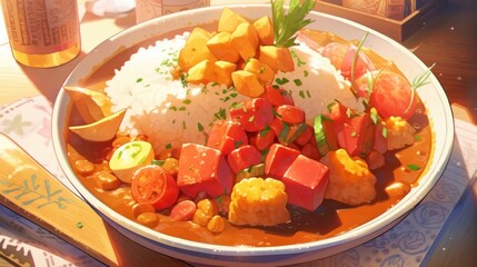 A bowl of creamy and aromatic curry with vibrant vegetables, captured in a comforting overhead shot with a side of fluffy rice manga cartoon style