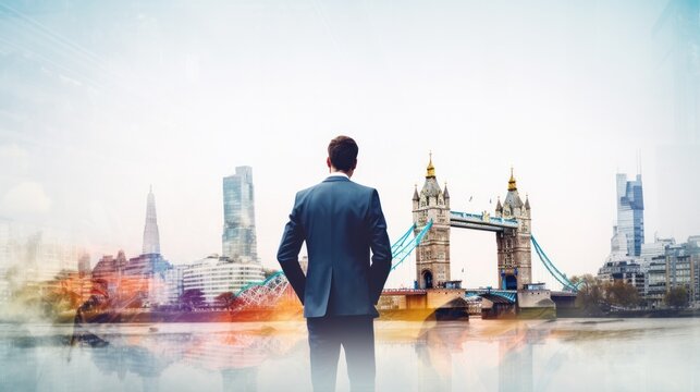 Double exposure photography of business man and the beautiful London city, business, professional, suit, office, thinking, executive, corporate, lifestyle, creative, smart, finance, job, future.
