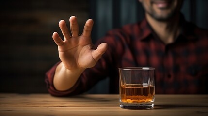 man smile and refuses say no and avoid to drink an alcohol whiskey , stopping hand sign male, alcoholism treatment, alcohol addiction, quit booze, Stop Drinking Alcohol. Refuse Glass liquor