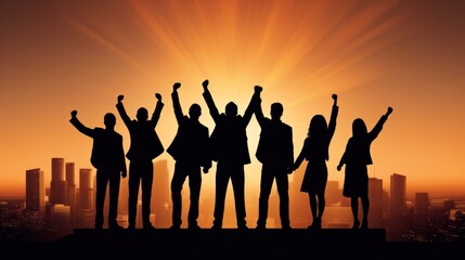 Fototapeta premium Silhouette of business team stand and feel happy on the most hight at stand on sunset, success, leader, teamwork, target, Aim, confident, achievement, goal, on plan, finish, generate by AI