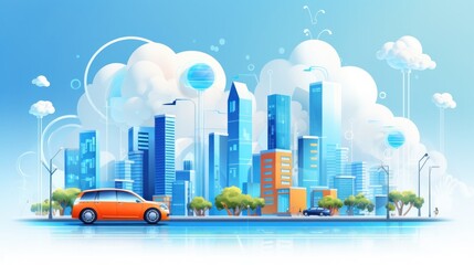 Obraz premium Social networking city and town with automation car on the world symbols moving from buildings to cloud using wifi. Vector illustration, penology, communication, generation, modern, generate by AI