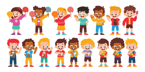 Group of Children eating various food Collection. Kid breakfasting or lunch, kid eating candy, ice cream, cookies and fast food. Diversity Family Parenthood Kindergarten. vector illustration