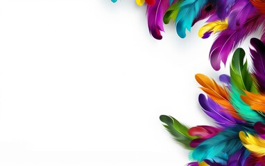 Happy Mardi Gras poster. A banner template with Venetian masquerade colourful feathers isolated on white background, copy space at the left. Costume party flyer. AI Generative