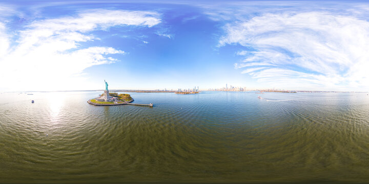 Aerial 360 equirectangular panorama Statue of Liberty New York VR