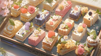 A tray of assorted mini pastries and petit fours, captured in an elegant top-down shot with delicate floral arrangements manga cartoon style