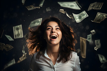 Lottery win celebration with raining money - obrazy, fototapety, plakaty