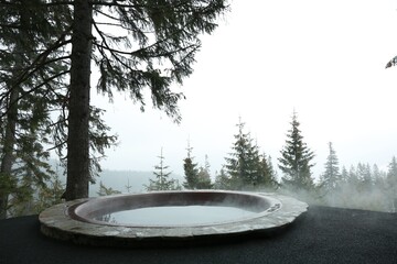 Hot tub with beautiful view on coniferous forest on winter day
