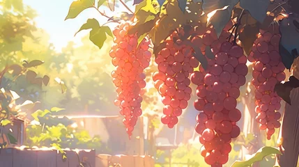Gardinen A close-up shot of a cluster of ripe and juicy grapes, with sunlight creating a magical glow manga cartoon style © Tina