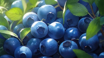 Foto op Canvas A close-up shot of a cluster of ripe and plump blueberries, showcasing their deep blue hue and glossy skin manga cartoon style © Tina