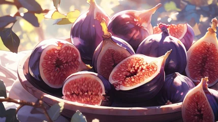 Fotobehang A close-up shot of a cluster of ripe figs, with their unique shape and deep purple color manga cartoon style © Tina