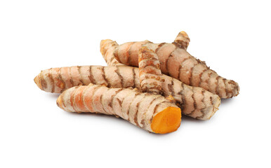 Whole and cut turmeric roots isolated on white