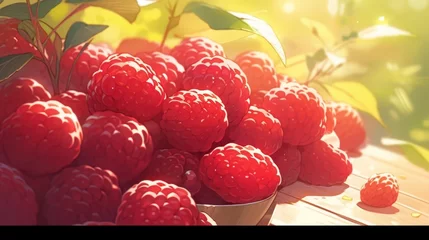 A close-up shot of a pile of vibrant and sweet raspberries, with their textured surface and rich color manga cartoon style © Tina