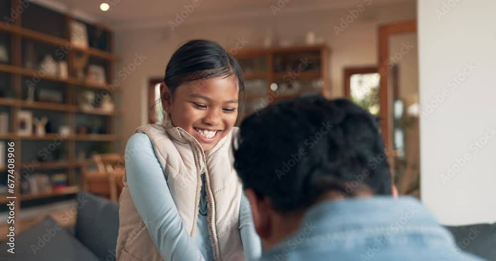 Sticker Happy, love and a girl with her father in the living room of their home together for bonding as a family. Funny, trust or support with a dad and happy daughter laughing at a joke in their house