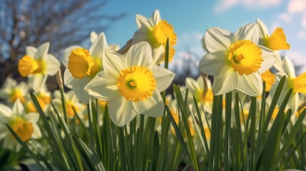 Daffodils In Full Bloom In A Summer Garden On A Sunny Day