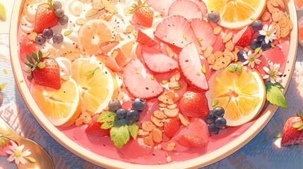 An overhead shot of a colorful fruit smoothie bowl, with sliced fruits arranged on top and a sprinkle of granola manga cartoon style