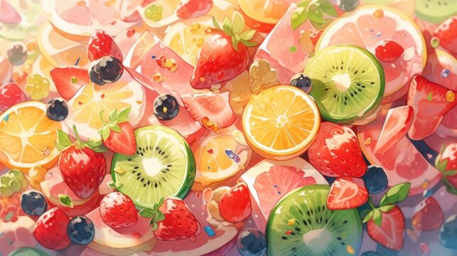 A vibrant overhead shot of a colorful fruit salad, with an assortment of sliced fruits arranged in an artistic pattern manga cartoon style