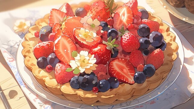 A top-down shot of a fruit tart, with a buttery crust and an arrangement of colorful fruits on top manga cartoon style