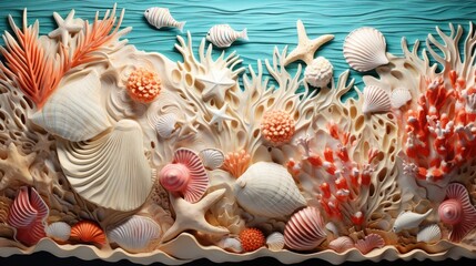 A collection of seashells and coral reefs, their intricate shapes and textures brought to life with art paint