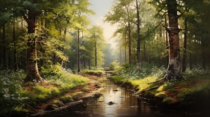 Fototapeta premium A dense forest scene with sunlight filtering through the canopy, accentuated with paint brush art