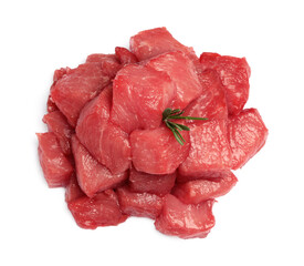 Pieces of raw beef and rosemary isolated on white, top view