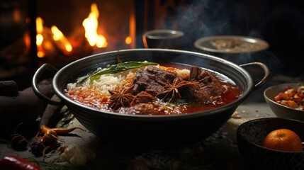 A cinematic close-up of a steaming bowl of sop buntut, capturing the tender oxtail soup garnished with fried shallots and served with rice