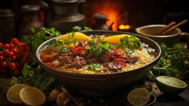 A creative composition showcasing the process of making Indonesian-style soto betawi, from simmering the beef broth to assembling the toppings