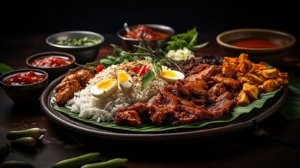 An artistic capture of an authentic Indonesian nasi campur, showcasing a variety of dishes like ayam betutu