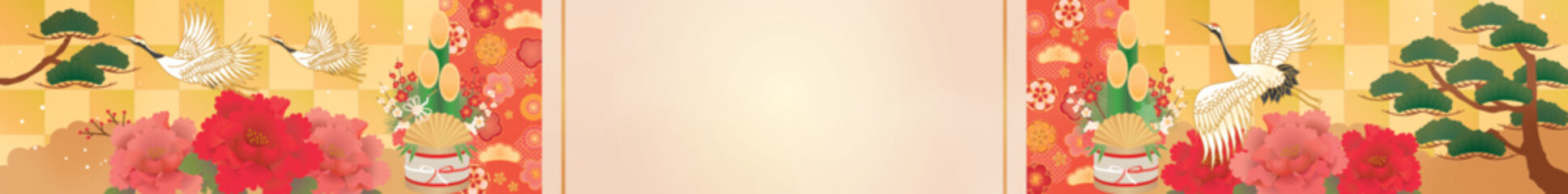 お正月和柄背景　金屏風と門松と鶴