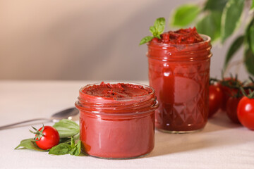 Jars of tasty tomato paste and ingredients on white table, closeup. Space for text