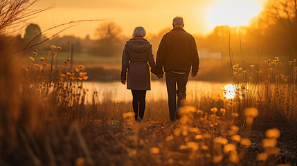 A moment of serenity unfolds in the golden hours--a senior couple strolling through nature's retreat, hand in hand, immersed in the tranquility of the setting sun.