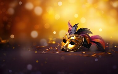 Mardi Gras poster. Banner template with golden Venetian carnival mask and feathers, on blurred yellow background. Copy space. Costume party flyer for masquerades. Bokeh, de focus. AI Generative