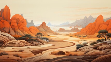 A mesmerizing desert landscape with intricate lines depicting the dunes and rock formations