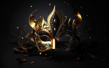 Happy Mardi Gras poster. Banner template with a photorealistic golden Venetian carnival mask in the center, faded on black background, copy space. Costume party flyer for masquerades. AI Generative