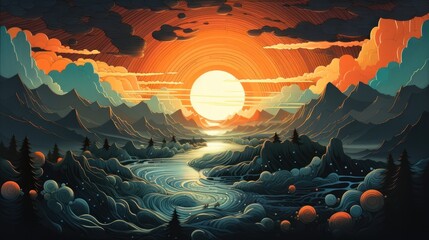 A scenic mountain landscape with intricate lines capturing every peak and valley