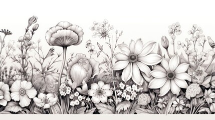 An elaborate line drawing of a serene meadow filled with wildflowers, capturing the intricate details of each blossom