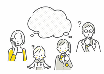 考えるミドル世代4人家族　シンプルでお洒落な線画イラスト