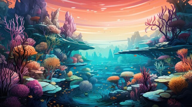 An enchanting underwater illustration with intricate lines capturing the colorful coral reefs and marine life
