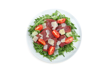 Delicious bresaola salad with parmesan cheese isolated on white, top view