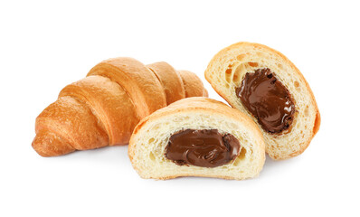Delicious fresh croissants with chocolate isolated on white